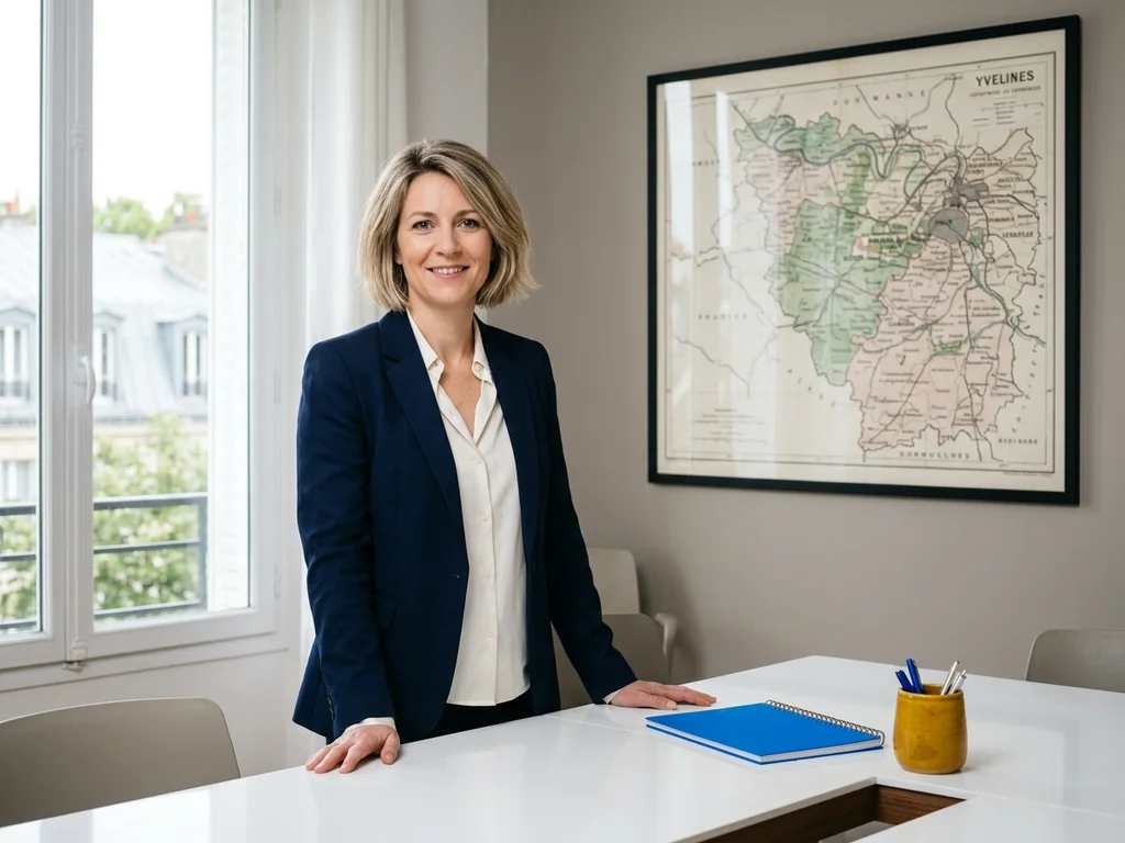 Consultante SEO à Versailles devant une carte des Yvelines pour illustrer la couverture locale de l'agence.